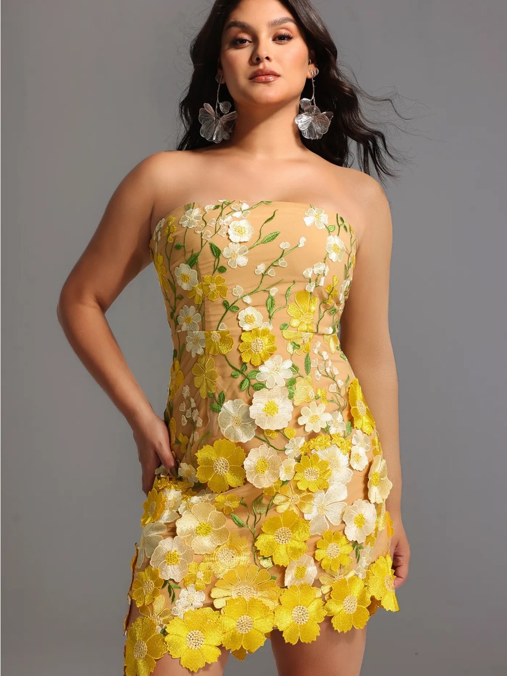 Strapless Yellow Floral Appliqué Mini Dress